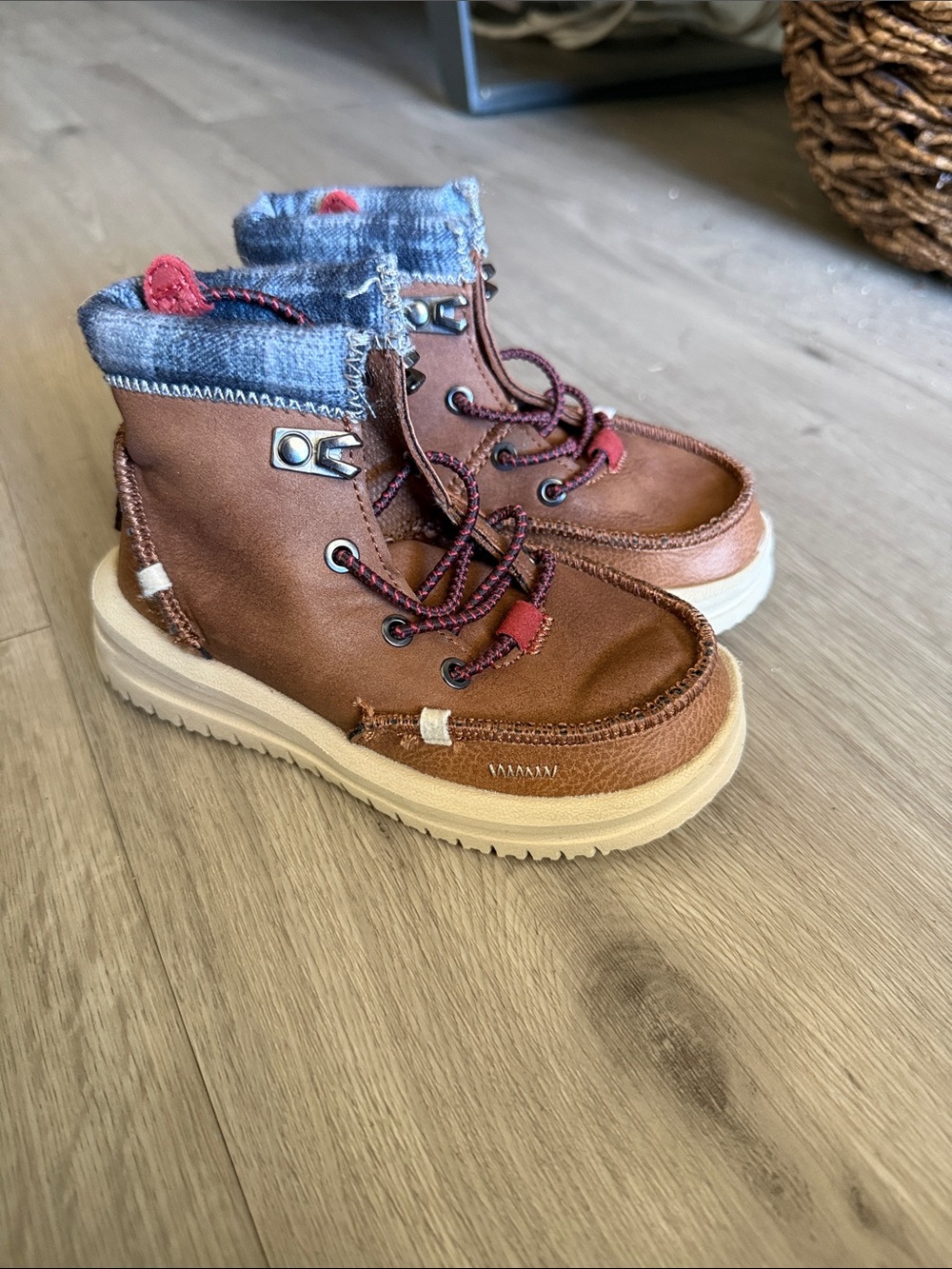 Hey Dude Kids Brown Leather-Look High-Top Boots with Denim Collar